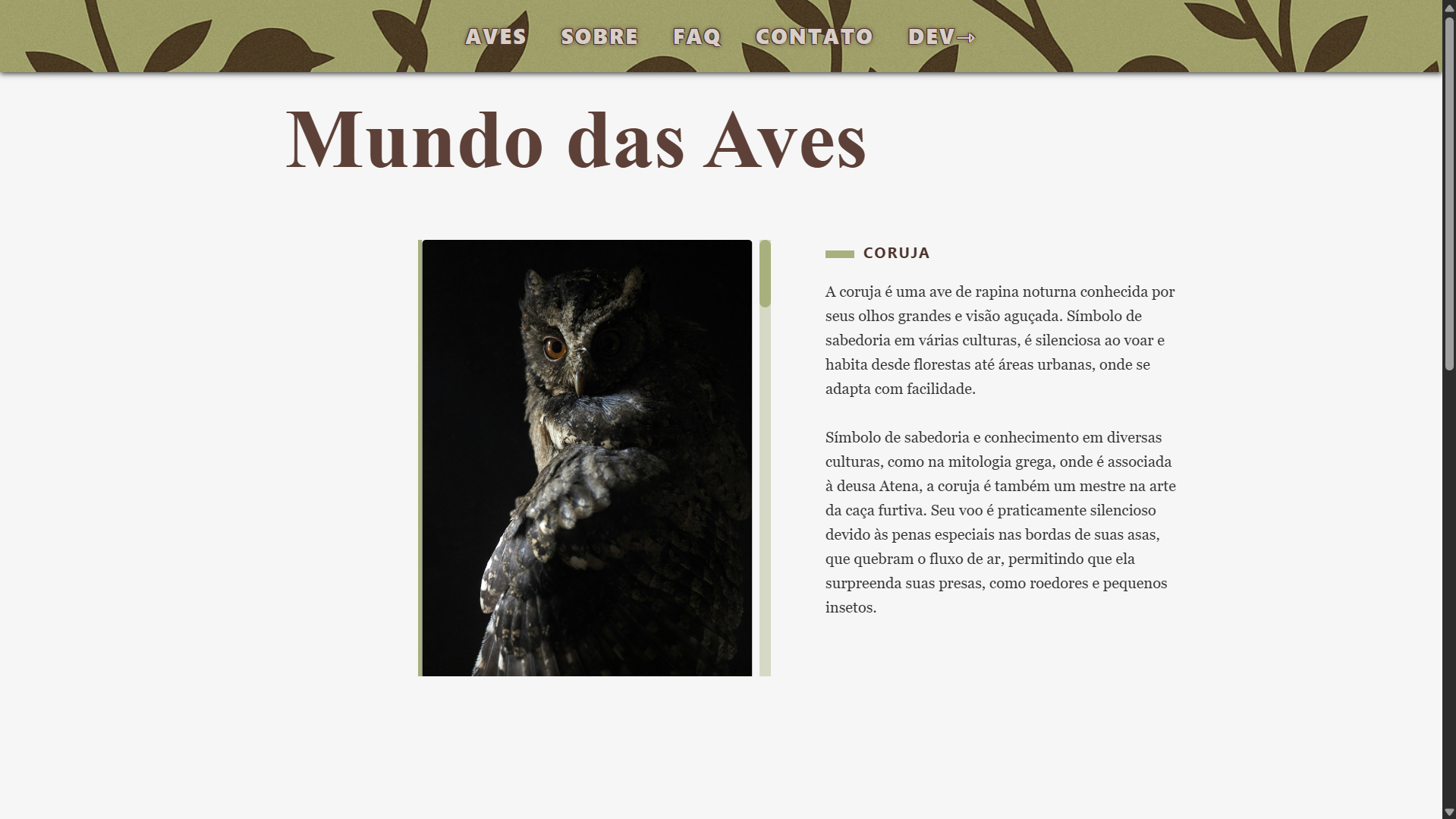 Preview do projeto Mundo das Aves, um site informativo sobre pássaros com design claro e foco em JavaScript.